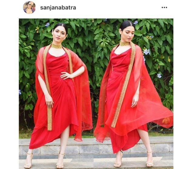 Get in on the little red dress trend by wearing a look similar to Tamannaah’s dress. (Instagram/ sanjanabatra) Get in on the little red dress trend by wearing a look similar to Tamannaah’s dress. (Instagram/ sanjanabatra)