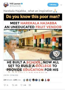 VVS Laxman’s tweet on Harekala Hajabba. (Twitter) VVS Laxman’s tweet on Harekala Hajabba. (Twitter)