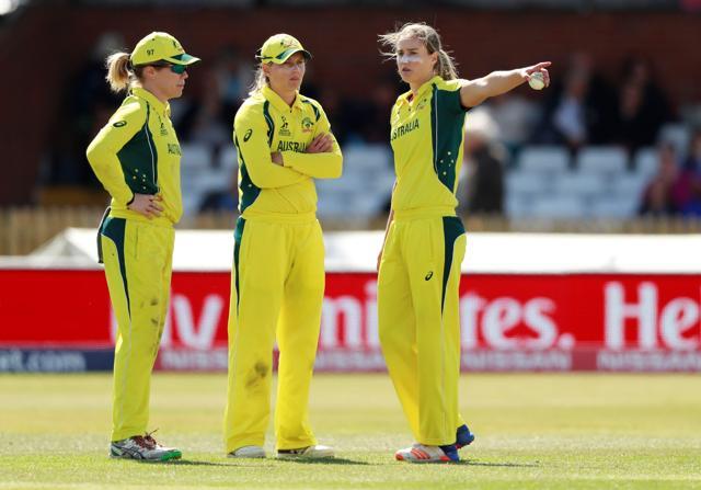 Australia's Ellyse Perry directs Alex Blackwell and Meg Lanning during the ICC Cricket World Cup semifinal vs India at Derby, UK on July 20, 2017. (Action Images via Reuters) Australia's Ellyse Perry directs Alex Blackwell and Meg Lanning during the ICC Cricket World Cup semifinal vs India at Derby, UK on July 20, 2017. (Action Images via Reuters)