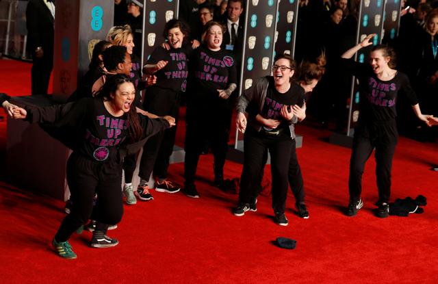 A group of protesters demonstrate on the red carpet at the British Academy of Film and Television Awards (BAFTA) at the Royal Albert Hall in London. (REUTERS) A group of protesters demonstrate on the red carpet at the British Academy of Film and Television Awards (BAFTA) at the Royal Albert Hall in London. (REUTERS)