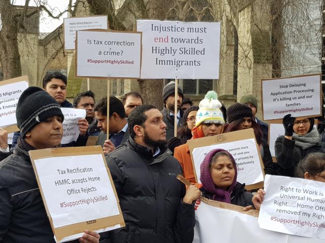 Indian and other non-EU highly skilled professionals protesting outside the British parliament against immigration rules in London on Wednesday. (HT Photo)