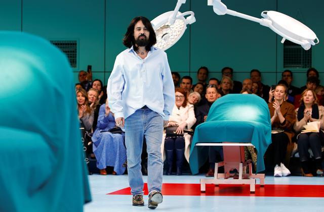 Fashion designer Alessandro Michele set the show in a mock operating room, complete with (unused) surgical tables and overhead lamps. (REUTERS)