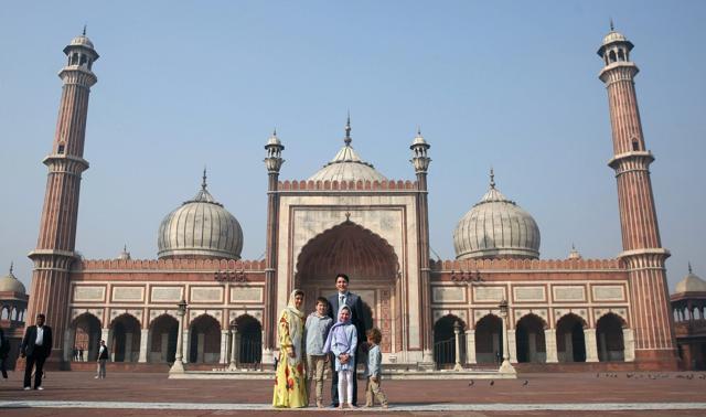 Canadian Prime Minister Justin Trudeau, his wife Sophie Grégoire, daughter Ella-Grace Margaret, sons Xavier James and Hadrien pose for a photograph at Jama Masjid, in New Delhi. (PTI Photo) Canadian Prime Minister Justin Trudeau, his wife Sophie Grégoire, daughter Ella-Grace Margaret, sons Xavier James and Hadrien pose for a photograph at Jama Masjid, in New Delhi. (PTI Photo)