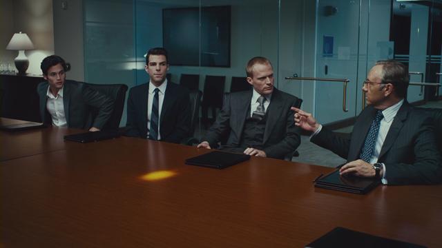 Penn Badgley, Zachary Quinto, Paul Bettany and Kevin Spacey in a still from Margin Call.