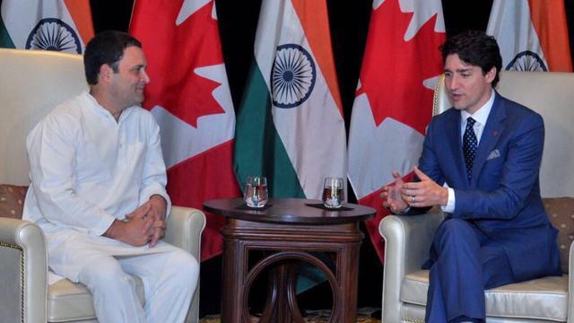 Congress president Rahul Gandhi with Canadian PM Justin Trudeau in New Delhi on Friday. (Office of RG/Twitter) Congress president Rahul Gandhi with Canadian PM Justin Trudeau in New Delhi on Friday. (Office of RG/Twitter)
