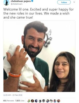 Cheteshwar Pujara shared the news of him being a father on social media. (Cheteshwar Pujara Twitter)