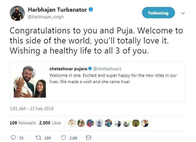Harbhajan Singh and several Indian players wished Cheteshwar Pujara. (Harbhajan Singh Twitter)