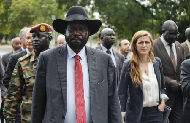 South Sudan's President Salva Kiir takes members of the UN Security Council, including then US Ambassador to the United Nations Samantha Power (right) on a tour outside the presidential compound in the capital Juba, South Sudan. (AP File photo) South Sudan's President Salva Kiir takes members of the UN Security Council, including then US Ambassador to the United Nations Samantha Power (right) on a tour outside the presidential compound in the capital Juba, South Sudan. (AP File photo)