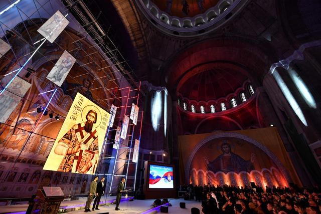 Russian Foreign Minister Sergey Lavrov speaks during a ceremony in the Saint Sava Serbian Orthodox church in Belgrade during the unveiling of a new mosaic. (AFP) Russian Foreign Minister Sergey Lavrov speaks during a ceremony in the Saint Sava Serbian Orthodox church in Belgrade during the unveiling of a new mosaic. (AFP)