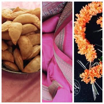 (From left to right) Fugia or deep-fried balls of flour, Almeida’s grandmother’s Lugra; Aboli or Firecracker flower gajra (garland) worn on special occasions. (Instagram/East Indian Memory Co) (From left to right) Fugia or deep-fried balls of flour, Almeida’s grandmother’s Lugra; Aboli or Firecracker flower gajra (garland) worn on special occasions. (Instagram/East Indian Memory Co)