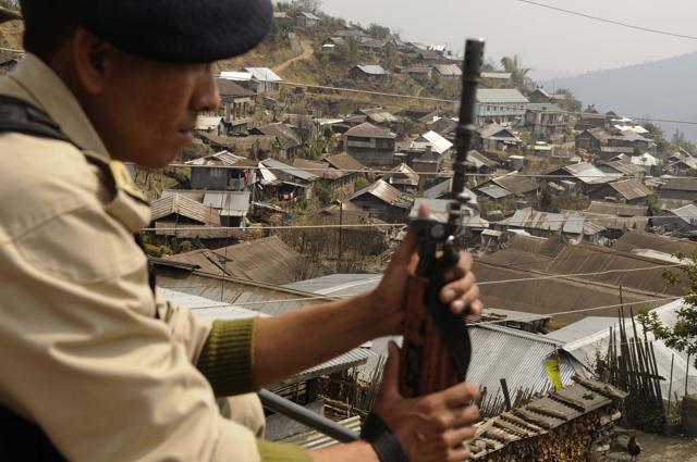 A security personnel keeps watch as campaigning progresses in Nagaland, which goes to the polls on February 27. (Samir Jana/HT PHOTO)