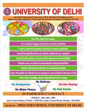 The Proctor’s Office of the University of Delhi has issued guidelines to encourage a safe Holi atmosphere on campus. (Photo: Delhi University) The Proctor’s Office of the University of Delhi has issued guidelines to encourage a safe Holi atmosphere on campus. (Photo: Delhi University)
