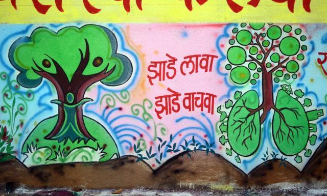 A mural asks locals to plant and care for trees. (Rishikesh Choudhary) A mural asks locals to plant and care for trees. (Rishikesh Choudhary)