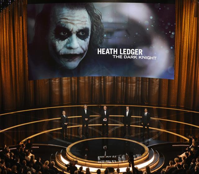 In this Feb. 22, 2009 file photo, previous Oscar winners, from left, Joel Grey, Kevin Kline, Alan Arkin, Christopher Walken and Cuba Gooding Jr., present the best supporting actor Oscar to the late Heath Ledger for his role in The Dark Knight, during the 81st Academy Awards in Los Angeles. (AP) In this Feb. 22, 2009 file photo, previous Oscar winners, from left, Joel Grey, Kevin Kline, Alan Arkin, Christopher Walken and Cuba Gooding Jr., present the best supporting actor Oscar to the late Heath Ledger for his role in The Dark Knight, during the 81st Academy Awards in Los Angeles. (AP)