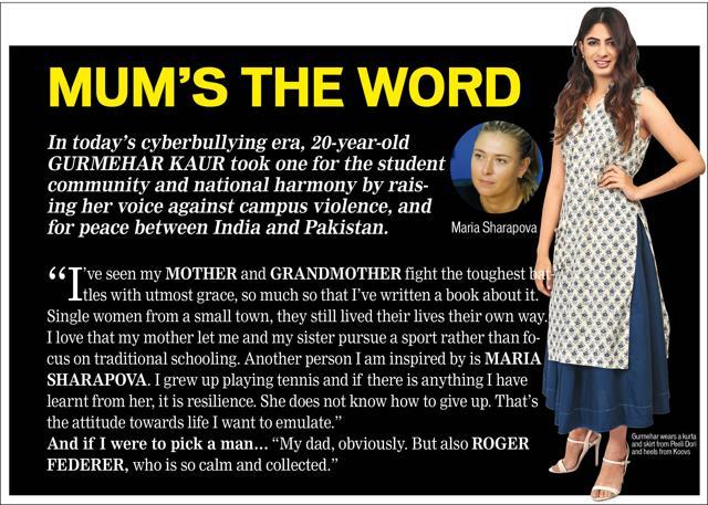 Gurmehar Kaur looks up to her mother and grandmother for inspiration. She wears a kurta and skirt from Peeli Dori and heels from Koovs Gurmehar Kaur looks up to her mother and grandmother for inspiration. She wears a kurta and skirt from Peeli Dori and heels from Koovs