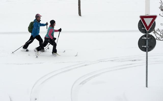 A couple ski on a snow covered street of Biarritz, southwestern France, on February 28, 2018, after heavy snow fall. Europe remains gripped by a blast of Siberian weather, accounting for at least 24 deaths and carpeting palm-lined Mediterranean beaches in snow. (AFP) A couple ski on a snow covered street of Biarritz, southwestern France, on February 28, 2018, after heavy snow fall. Europe remains gripped by a blast of Siberian weather, accounting for at least 24 deaths and carpeting palm-lined Mediterranean beaches in snow. (AFP)