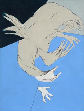A human-bird hybrid tumbles from the skies in Tyeb Mehta’s Falling Bird. (Photo courtesy Saffronart) A human-bird hybrid tumbles from the skies in Tyeb Mehta’s Falling Bird. (Photo courtesy Saffronart)
