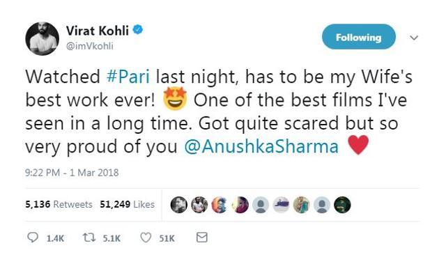 Virat Kohli has praised Anushka Sharma’s work in the film Pari (Virat Kohli Twitter)