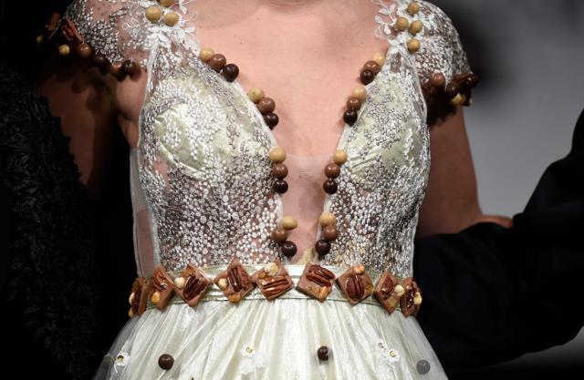 A model presents creations made with chocolate during the gala preview of the Salon du Chocolat (Chocolate Fair) in Brussels on Thursday. (AFP)