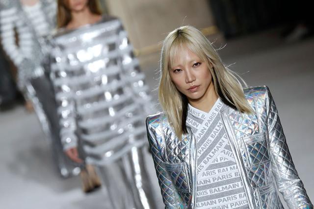 A model presents a creation for Balmain. (AFP) A model presents a creation for Balmain. (AFP)