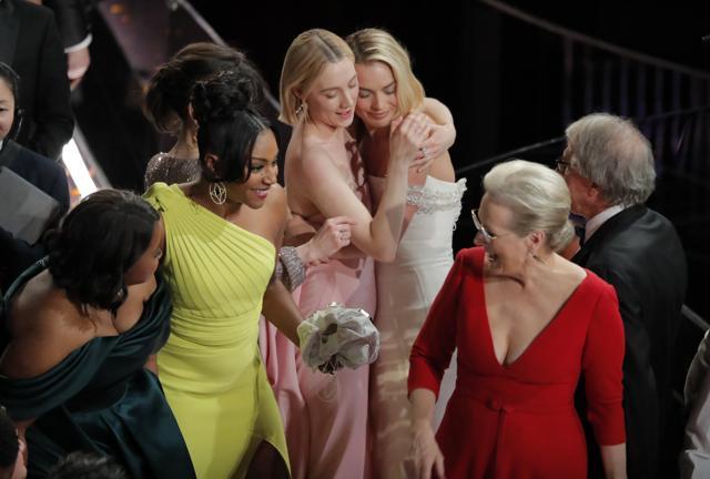 Actresses (L-R) Octavia Spencer, Tiffany Haddish, Saoirse Ronan, Margot Robbie and Meryl Streep react after Frances McDormand's Best Actress acceptance speech. (REUTERS) Actresses (L-R) Octavia Spencer, Tiffany Haddish, Saoirse Ronan, Margot Robbie and Meryl Streep react after Frances McDormand's Best Actress acceptance speech. (REUTERS)