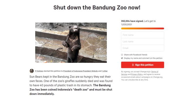 Screengrab of the online petition demanding closure of the zoo.