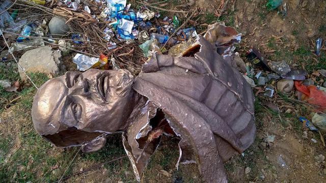 Remains of a five-feet statue of Lenin that was demolished by a payloader at Belonia in south Tripura district on Monday afternoon. (PTI)