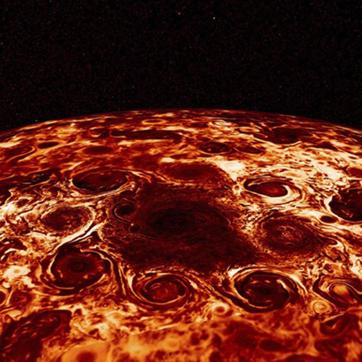 This composite image provided by NASA, derived from data collected by the Jupiter-orbiting Juno spacecraft, shows the central cyclone at the planet's north pole and the eight cyclones that encircle it. Jupiter’s poles are blanketed by geometric clusters of cyclones and its atmosphere is deeper than suspected, scientists reported Wednesday. (AP) This composite image provided by NASA, derived from data collected by the Jupiter-orbiting Juno spacecraft, shows the central cyclone at the planet's north pole and the eight cyclones that encircle it. Jupiter’s poles are blanketed by geometric clusters of cyclones and its atmosphere is deeper than suspected, scientists reported Wednesday. (AP)