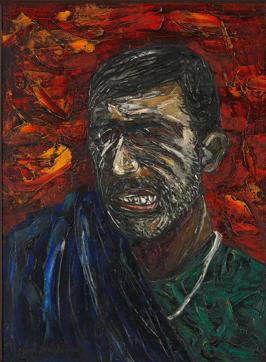 Titled (CRY) Man Made Blindness, this portrait was painted by the artist in response to the Bhagalpur Blindings of 1980, when police poured acid into the eyes of 31 undertrials in Bihar. (Photo courtesy Manu Parekh, Gallery Art &amp; Soul and NGMA)