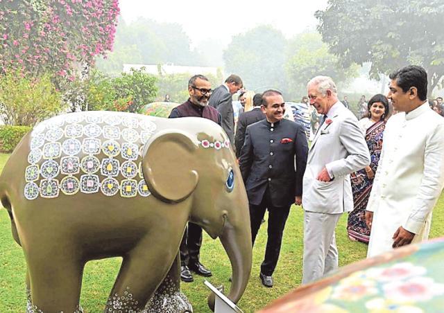 Nirav Modi with Prince Charles and the elephant statuette in Delhi last year. Nirav Modi with Prince Charles and the elephant statuette in Delhi last year.