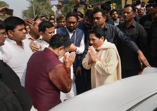 BSP president Mayawati and Samajwadi Party leader Ram Govind Chaudhary exchange greetings in Lucknow on Wednesday. (PTI Photo) BSP president Mayawati and Samajwadi Party leader Ram Govind Chaudhary exchange greetings in Lucknow on Wednesday. (PTI Photo)