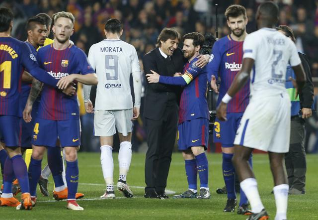 Chelsea's Italian coach Antonio Conte (CL) talks with Barcelona's Argentinian forward Lionel Messi after the UEFA Champions League round of 16 second-leg match at the Camp Nou stadium in Barcelona on March 14, 2018. (AFP) Chelsea's Italian coach Antonio Conte (CL) talks with Barcelona's Argentinian forward Lionel Messi after the UEFA Champions League round of 16 second-leg match at the Camp Nou stadium in Barcelona on March 14, 2018. (AFP)