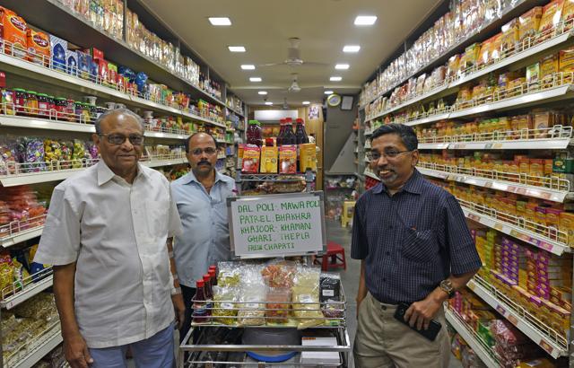 Launched in 1912, M Motilal Masalawala is known for its Parsi curry pastes and masalas. The Grant Road store is managed by third-generation owner Mahesh Patel (right) and Jagdish Patel (left). (Satyabrata Tripathy / HT Photo)