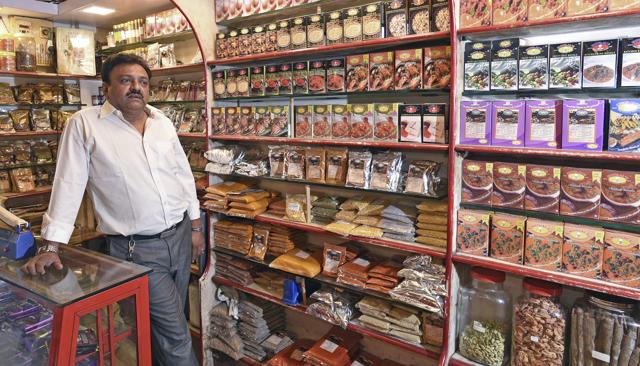 “Khambhati sambhar masala is one of our bestsellers,” says Himanshu Patel, third-generation owner of M Motilal Masalawala in Tardeo. “My grandfather [Motilal Nathabhai Patel] worked at a masala factory in Khambhat for four months to perfect the recipe.” (Satyabrata Tripathy / HT Photo)