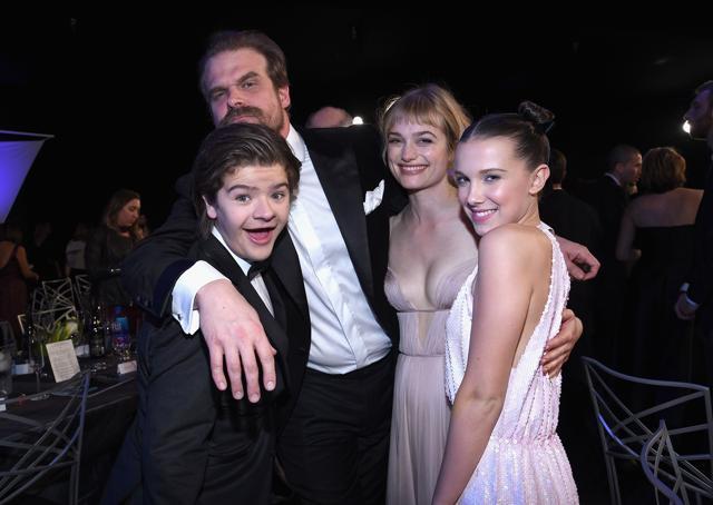 Actors Gaten Matarazzo (L), David Harbour, Allison Sudol, and Millie Bobbie Brown during the 24th Annual Screen Actors Guild Awards at The Shrine Auditorium on January 21, 2018 in Los Angeles, California. (AFP) Actors Gaten Matarazzo (L), David Harbour, Allison Sudol, and Millie Bobbie Brown during the 24th Annual Screen Actors Guild Awards at The Shrine Auditorium on January 21, 2018 in Los Angeles, California. (AFP)