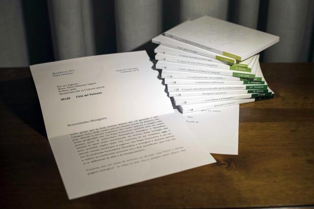 A letter by retired Pope Benedict is seen in this photo released on March 13, 2018 that the Vatican admitted was doctored, by blurring its final two lines, where retired Pope Benedict begins to acknowledge that he didn't read an 11-volume set of books about Pope Francis' theology and doesn't have time to comment them. (AP)