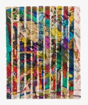 In Mixed Tales of Folklore, Mithani has cut strips from a digital print and superimposed them on a painting to offer a sense of projected reality. In Mixed Tales of Folklore, Mithani has cut strips from a digital print and superimposed them on a painting to offer a sense of projected reality.