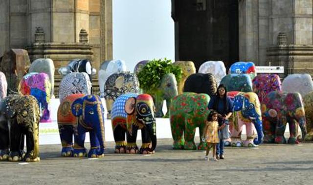 The bejeweled elephants on display at Gateway of India. (Anshuman Poyrekar/HT Photo)