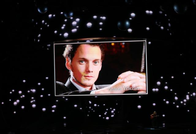 An image of late actor Anton Yelchin is shown during the In Memoriam segment at the 68th Primetime Emmy Awards in Los Angeles. An image of late actor Anton Yelchin is shown during the In Memoriam segment at the 68th Primetime Emmy Awards in Los Angeles.