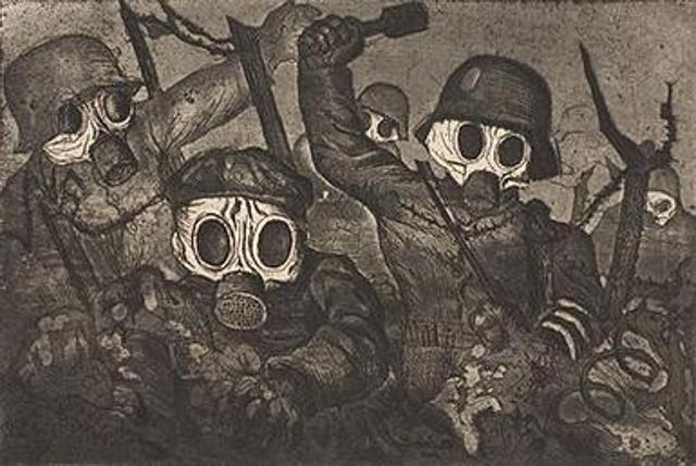 Stormtroopers Advancing Under Gas, etching and aquatint by Otto Dix from Der Krieg, 1924. Stormtroopers Advancing Under Gas, etching and aquatint by Otto Dix from Der Krieg, 1924.