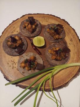 Sattu cholle tortilla with tamarind jelly by chef Nishant Choubey of Roseate. Sattu cholle tortilla with tamarind jelly by chef Nishant Choubey of Roseate.