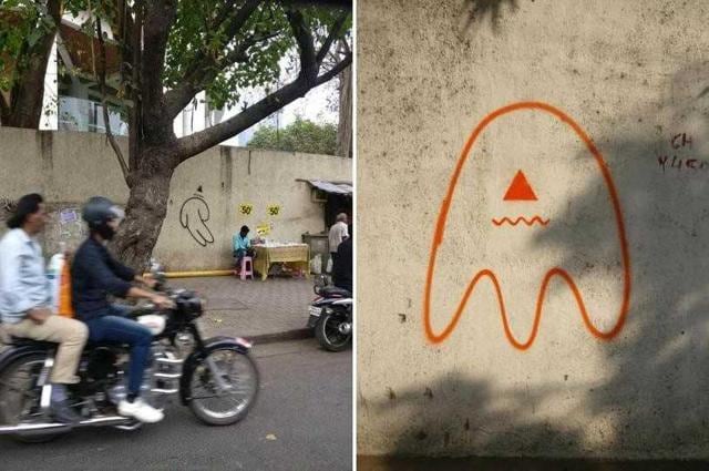 Graffiti on boundary wall of One IndiaBulls building near Elphinstone Road (L). A spray-painted symbol seen on a factory wall in Sion (R). (HT Photo) Graffiti on boundary wall of One IndiaBulls building near Elphinstone Road (L). A spray-painted symbol seen on a factory wall in Sion (R). (HT Photo)