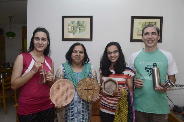 (From left) Rujuta Bhave, Sujata Bhave, Sukhada Bhave and Mayur Bhave follow a strict rule of using only bamboo, cloth and plant fibre material at their residence. (Ravindra Joshi/HT PHOTO)