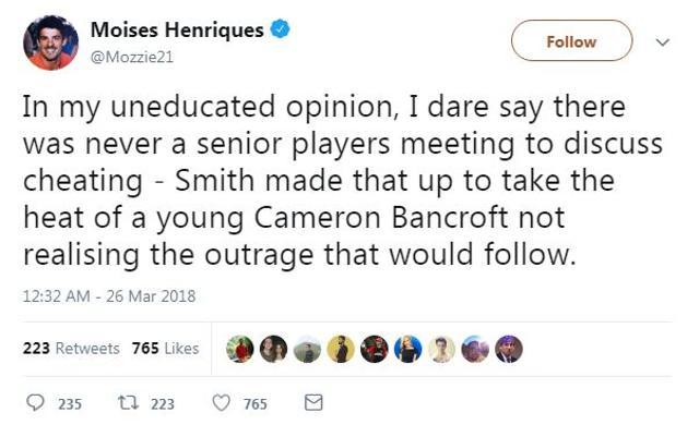 Moises Henriques has suggested that there was never a senior meeting to discuss cheating. (Twitter)