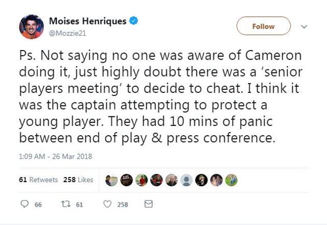 Moises Henriques has said the theory of a ‘leadership group’ was Steve Smith’s attempt to protect Cameron Bancroft. (Twitter)
