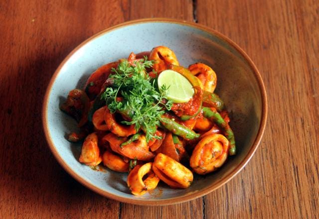 The recheado was adequately pungent, but the squid itself was a touch overcooked and hadn’t quite absorbed the masala. (Bhushan Koyande / HT Photo)