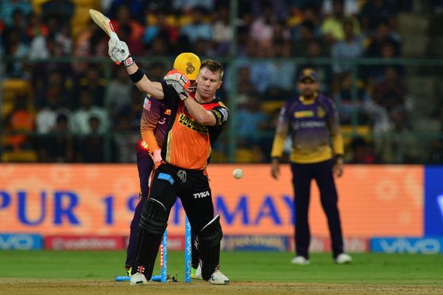 In this photograph taken on May 17, 2017, Sunrisers Hyderabad captain and batsman David Warner (C) reacts after being bowled out for 37 runs during the 2017 Indian Premier League (IPL) Twenty20 cricket eliminator match between Sunrisers Hyderabad and Kolkata Knight Riders at the M Chinnaswamy Stadium in Bangalore. (AFP) In this photograph taken on May 17, 2017, Sunrisers Hyderabad captain and batsman David Warner (C) reacts after being bowled out for 37 runs during the 2017 Indian Premier League (IPL) Twenty20 cricket eliminator match between Sunrisers Hyderabad and Kolkata Knight Riders at the M Chinnaswamy Stadium in Bangalore. (AFP)