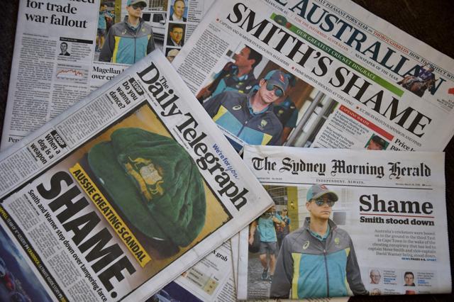 Photo shows Australian cricket captain Steve Smith on the front pages of the major newspapers in Sydney on March 26, 2018. Australia's cricketers have heaped disgrace and humiliation on the country, the local press said in blasting the "rotten" team culture under the current leadership following captain Steve Smith admitting he cheated by hatching a plot to tamper with the ball during the third Test against South Africa in Cape Town on March 24, 2018. (AFP)