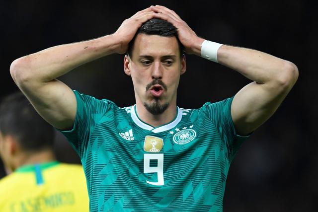 Germany striker Sandro Wagner reacts during the international friendly football match against Brazil. (AFP) Germany striker Sandro Wagner reacts during the international friendly football match against Brazil. (AFP)