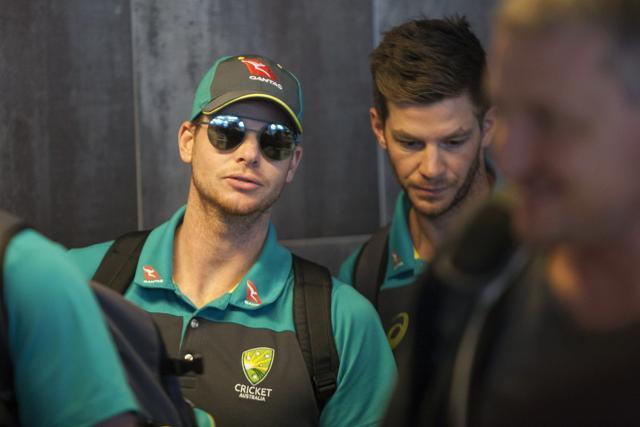 Steve Smith, left, arrives with teammates, at the Cape Town International airport on Tuesday. (AP) Steve Smith, left, arrives with teammates, at the Cape Town International airport on Tuesday. (AP)